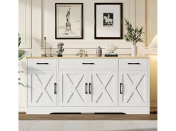 Aparador moderno con 4 puertas y 3 cajones - 160 x 37 x 75 cm - Madera MDF - Estantes regulables - Blanco y madera