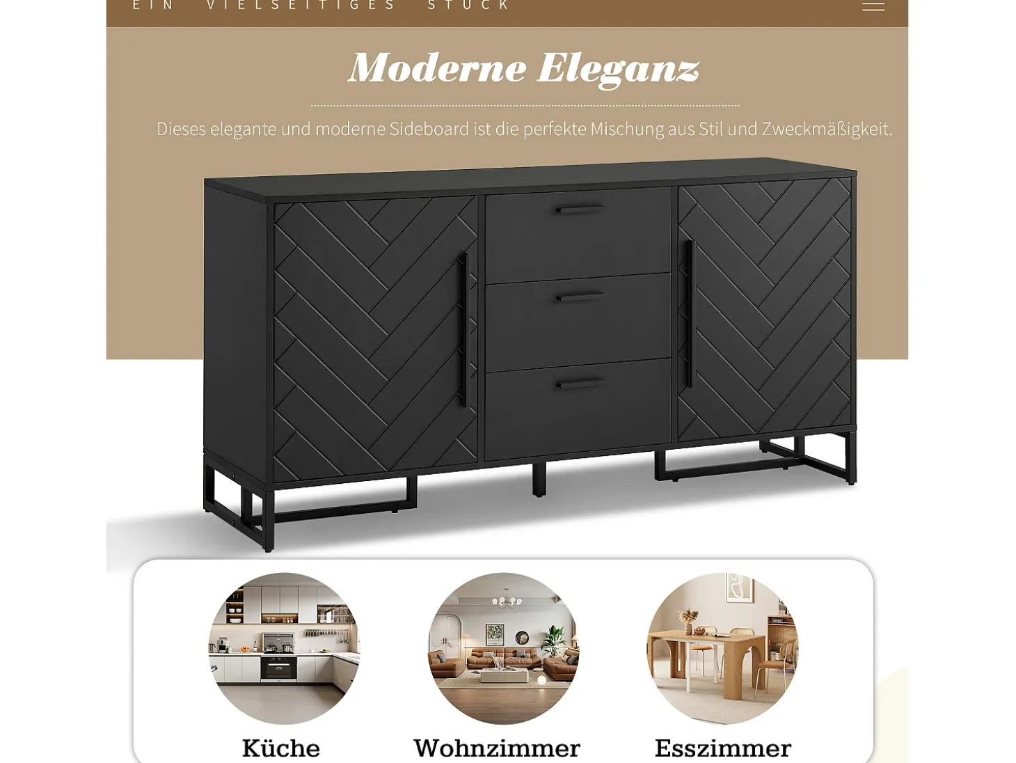 Aparador moderno con 2 puertas y 3 cajones - 145 x 40 x 75 cm - MDF - para salón o cocina - Negro