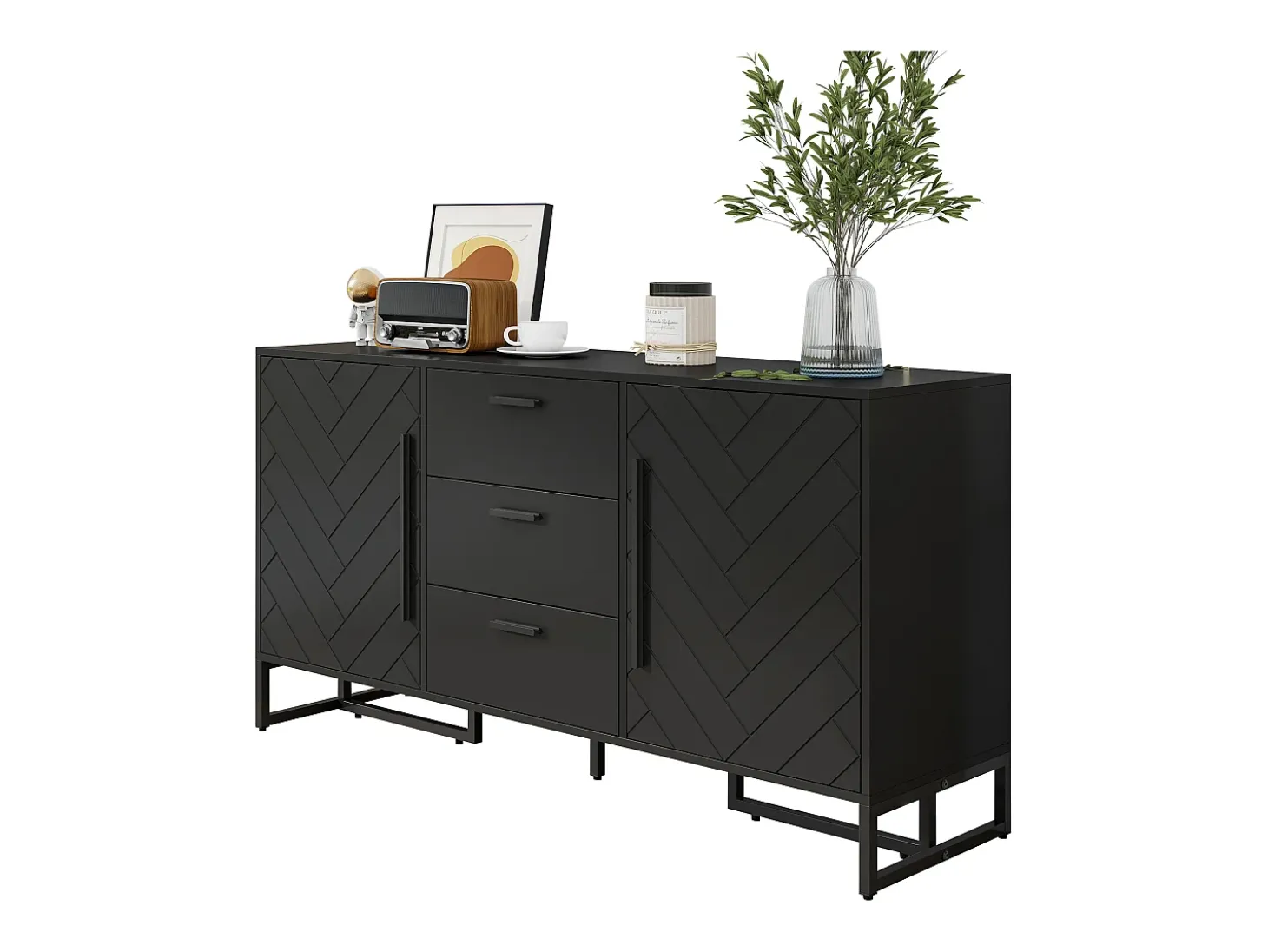 Aparador moderno con 2 puertas y 3 cajones - 145 x 40 x 75 cm - MDF - para salón o cocina - Negro