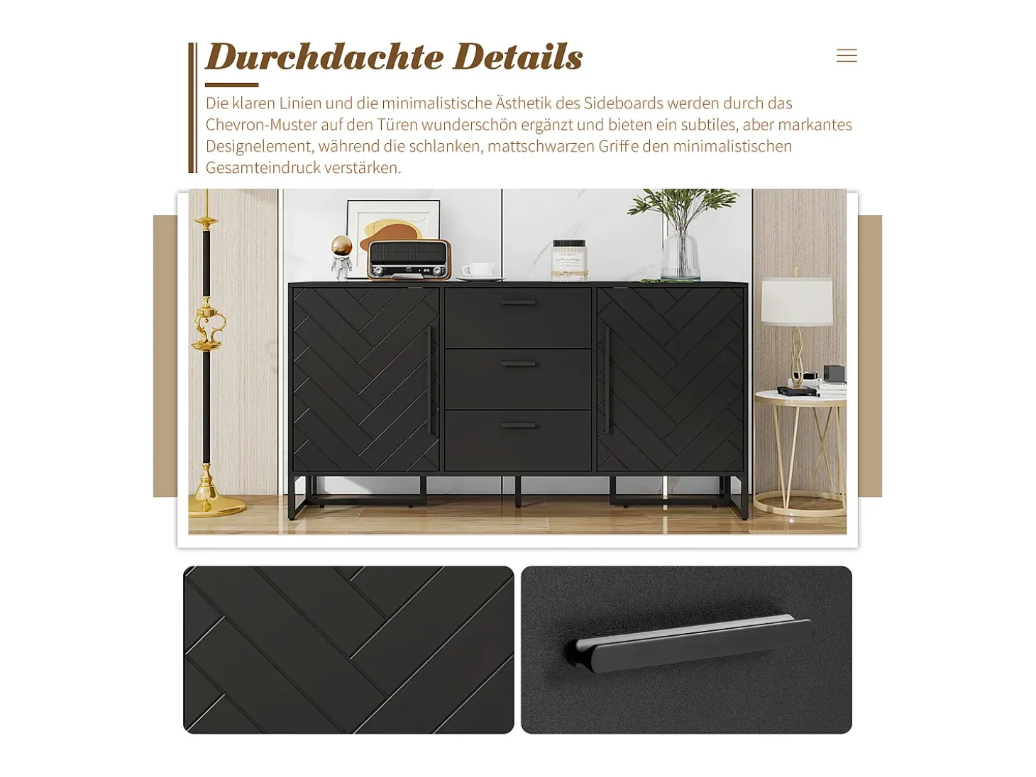 Aparador moderno con 2 puertas y 3 cajones - 145 x 40 x 75 cm - MDF - para salón o cocina - Negro