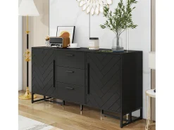 Aparador moderno con 2 puertas y 3 cajones - 145 x 40 x 75 cm - MDF - para salón o cocina - Negro