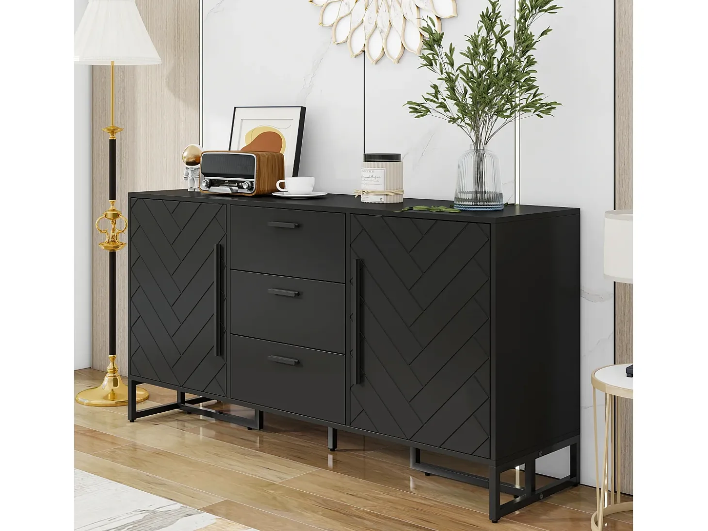 Aparador moderno con 2 puertas y 3 cajones - 145 x 40 x 75 cm - MDF - para salón o cocina - Negro