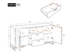 Aparador moderno con 2 puertas y 3 cajones - 145 x 40 x 75 cm - MDF - para salón o cocina - Negro