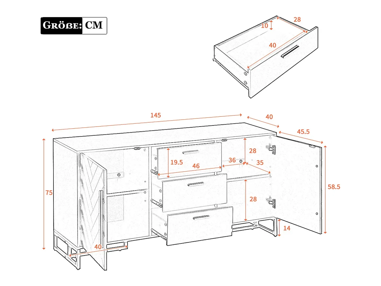 Aparador moderno con 2 puertas y 3 cajones - 145 x 40 x 75 cm - MDF - para salón o cocina - Negro