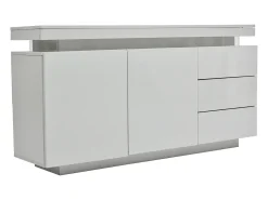 Aparador moderno con 2 puertas y 3 cajones, superficie brillante, iluminación LED, diseño sin tiradores, para salón, 140×35×72,5 cm, blanco