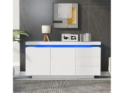 Aparador moderno con 2 puertas y 3 cajones, superficie brillante, iluminación LED, diseño sin tiradores, para salón, 140×35×72,5 cm, blanco