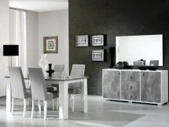 Aparador moderno con 2 puertas y 3 cajones, gris hormigón y blanco brillo, Sting 160 cm