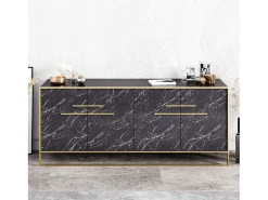 Aparador moderno con acabado dorado y negro, 182 cm | Tablero de partículas 100 % melaminado, 100 % metal | Montaje en pared, elegante diseño de mármo
