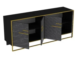 Aparador moderno con acabado dorado y negro, 182 cm | Tablero de partículas 100 % melaminado, 100 % metal | Montaje en pared, elegante diseño de mármo