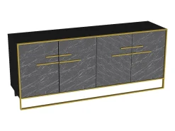Aparador moderno con acabado dorado y negro, 182 cm | Tablero de partículas 100 % melaminado, 100 % metal | Montaje en pared, elegante diseño de mármo