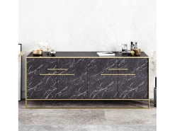 Aparador moderno con acabado dorado y negro, 182 cm | Tablero de partículas 100 % melaminado, 100 % metal | Montaje en pared, elegante diseño de mármo