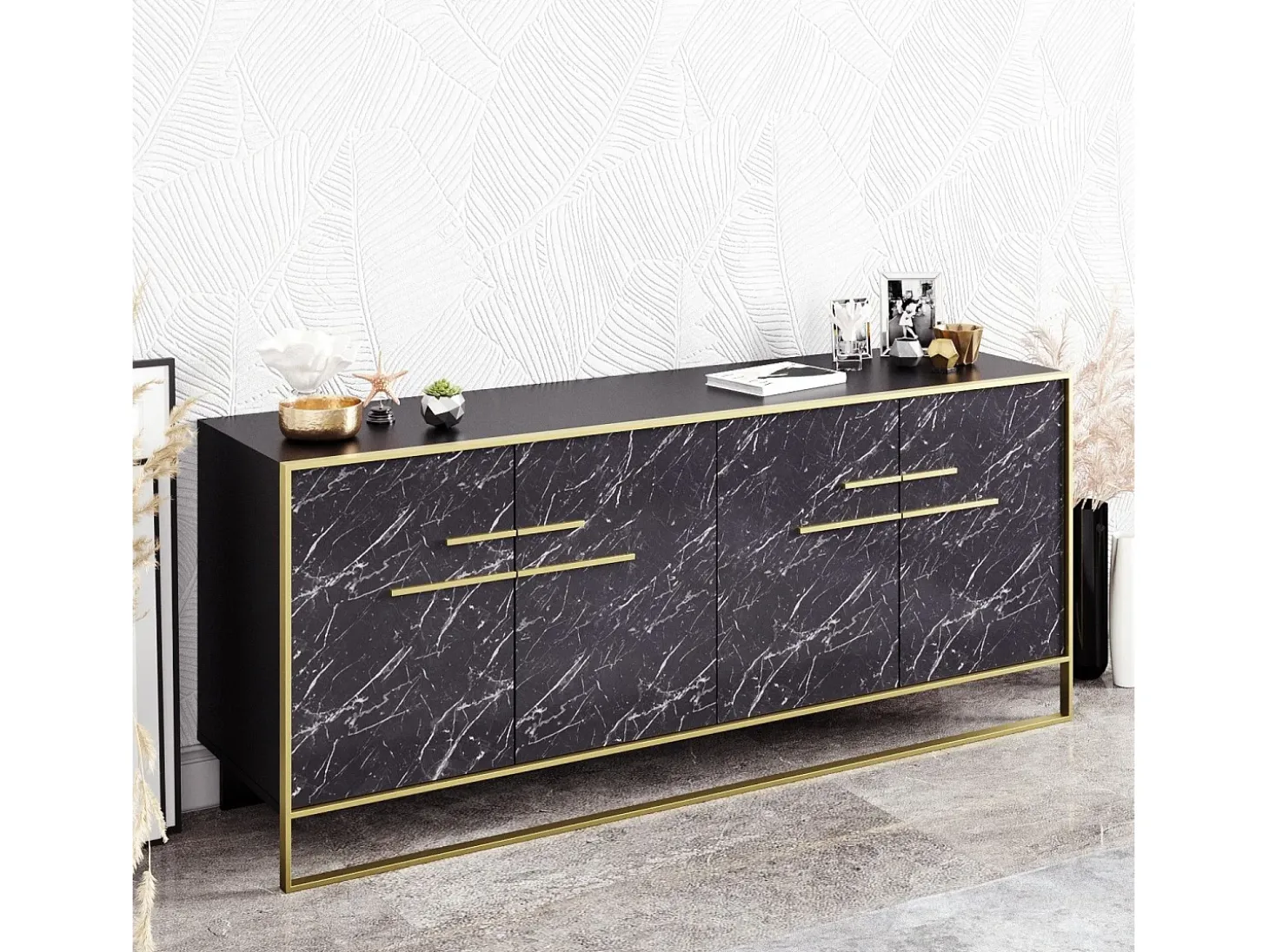 Aparador moderno con acabado dorado y negro, 182 cm | Tablero de partículas 100 % melaminado, 100 % metal | Montaje en pared, elegante diseño de mármo