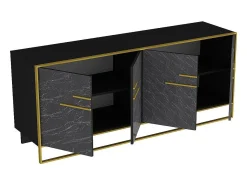 Aparador moderno con acabado dorado y negro, 182 cm | Tablero de partículas 100 % melaminado, 100 % metal | Montaje en pared, elegante diseño de mármo