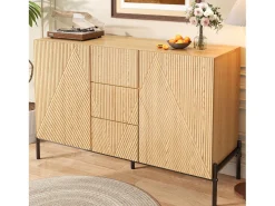 Aparador moderno con estructura geométrica - 115,5 x 40 x 76 cm - con 2 puertas + 3 cajones - para salón-comedor - MDF - natural