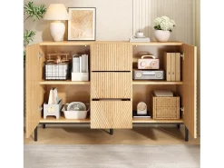 Aparador moderno con estructura geométrica - 115,5 x 40 x 76 cm - con 2 puertas + 3 cajones - para salón-comedor - MDF - natural