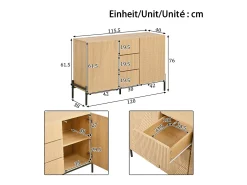 Aparador moderno con estructura geométrica - 115,5 x 40 x 76 cm - con 2 puertas + 3 cajones - para salón-comedor - MDF - natural