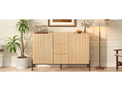 Aparador moderno con estructura geométrica - 115,5 x 40 x 76 cm - con 2 puertas + 3 cajones - para salón-comedor - MDF - natural