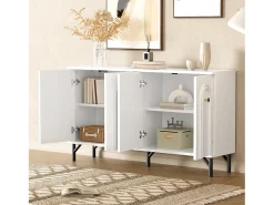 Aparador moderno de 4 puertas, frontal curvo 3D, estantes ajustables, para salón, 140x34x78cm, blanco