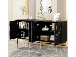 Aparador moderno de 4 puertas para salón - 160 x 40 x 80,5 cm - con patas de metal + estantes regulables - MDF - negro