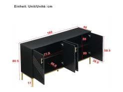 Aparador moderno de 4 puertas para salón - 160 x 40 x 80,5 cm - con patas de metal + estantes regulables - MDF - negro