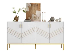 Aparador moderno de 4 puertas para salón - 160 x 40 x 80,5 cm - con patas de metal + estantes regulables - MDF - blanco