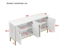 Aparador moderno de 4 puertas para salón - 160 x 40 x 80,5 cm - con patas de metal + estantes regulables - MDF - blanco