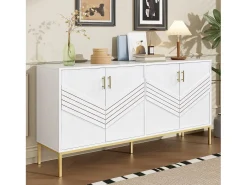 Aparador moderno de 4 puertas para salón - 160 x 40 x 80,5 cm - con patas de metal + estantes regulables - MDF - blanco