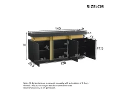 Aparador moderno de 3 puertas con estantes regulables, acabado negro y dorado, (140x38x70 cm)