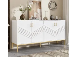 Aparador moderno de 4 puertas, MDF, blanco y madera, con estantes regulables, (160x40x80,5 cm)