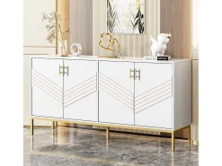 Aparador moderno de 4 puertas, MDF, blanco y madera, con estantes regulables, (160x40x80,5 cm)