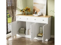 Aparador moderno, diseño limpio, MDF, blanco y madera, 4 puertas y 2 cajones (120x36x80,5 cm)