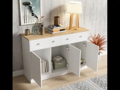 Aparador moderno, diseño limpio, MDF, blanco y madera, 4 puertas y 2 cajones (120x36x80,5 cm)