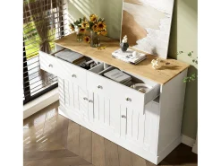 Aparador moderno, diseño limpio, MDF, blanco y madera, 4 puertas y 2 cajones (120x36x80,5 cm)