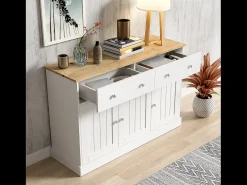 Aparador moderno, diseño limpio, MDF, blanco y madera, 4 puertas y 2 cajones (120x36x80,5 cm)