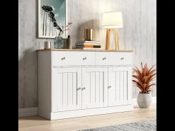 Aparador moderno, diseño limpio, MDF, blanco y madera, 4 puertas y 2 cajones (120x36x80,5 cm)