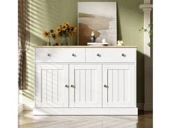 Aparador moderno, diseño limpio, MDF, blanco y madera, 4 puertas y 2 cajones (120x36x80,5 cm)