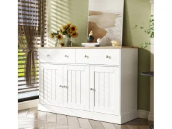 Aparador moderno, diseño limpio, MDF, blanco y madera, 4 puertas y 2 cajones (120x36x80,5 cm)