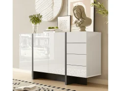 Aparador moderno, diseño limpio, MDF, lacado blanco con detalles en negro, 4 puertas y 2 cajones (150x40x80,5 cm)