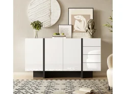 Aparador moderno, diseño limpio, MDF, lacado blanco con detalles en negro, 4 puertas y 2 cajones (150x40x80,5 cm)