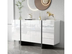 Aparador moderno, diseño limpio, MDF, lacado blanco con detalles en negro, 4 puertas y 2 cajones (150x40x80,5 cm)