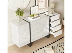 Aparador moderno, diseño limpio, MDF, lacado blanco con detalles en negro, 4 puertas y 2 cajones (150x40x80,5 cm)