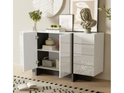 Aparador moderno, diseño limpio, MDF, lacado blanco con detalles en negro, 4 puertas y 2 cajones (150x40x80,5 cm)