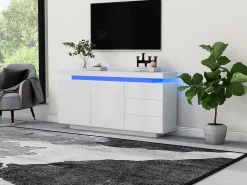 Aparador moderno lacado alto brillo para salón - 140 x 38 x 72,5 cm - con 2 puertas + 3 cajones + LED - aglomerado - blanco