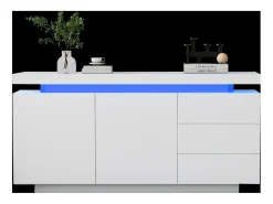 Aparador moderno lacado alto brillo para salón - 140 x 38 x 72,5 cm - con 2 puertas + 3 cajones + LED - aglomerado - blanco