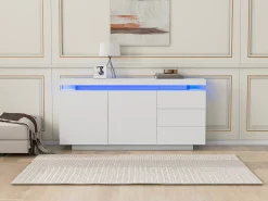 Aparador moderno lacado alto brillo para salón - 140 x 38 x 72,5 cm - con 2 puertas + 3 cajones + LED - aglomerado - blanco