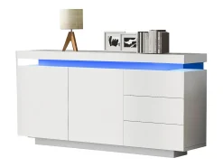 Aparador moderno lacado alto brillo para salón - 140 x 38 x 72,5 cm - con 2 puertas + 3 cajones + LED - aglomerado - blanco