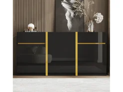 Aparador moderno lacado de alto brillo - 160 x 40 x 78 cm - con 3 puertas + 2 cajones - MDF - negro