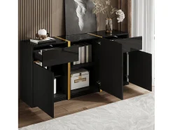 Aparador moderno lacado de alto brillo - 160 x 40 x 78 cm - con 3 puertas + 2 cajones - MDF - negro