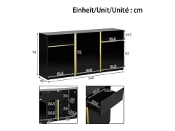 Aparador moderno lacado de alto brillo - 160 x 40 x 78 cm - con 3 puertas + 2 cajones - MDF - negro