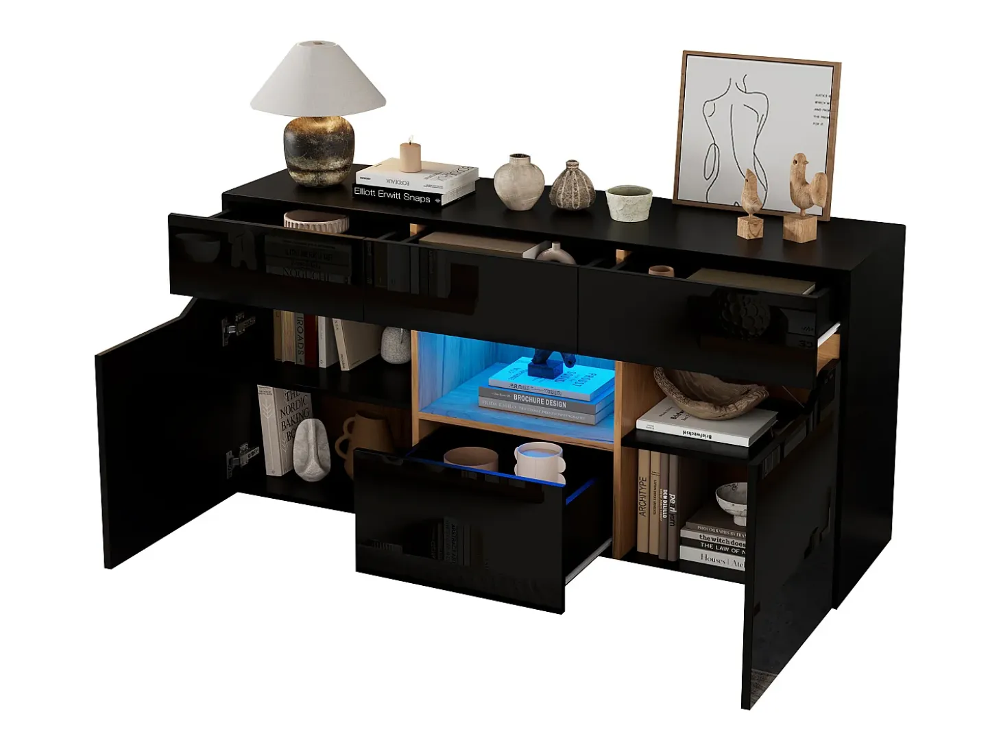 Aparador moderno 140x40x70 cm - 4 cajones y 2 puertas - con iluminación LED - Acabado brillante - Negro y natural